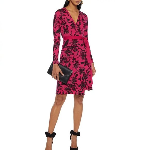 Diane Von Furstenberg Luella Printed Merino Wool Wrap Dress - Fuchsia - Picture 1 of 6